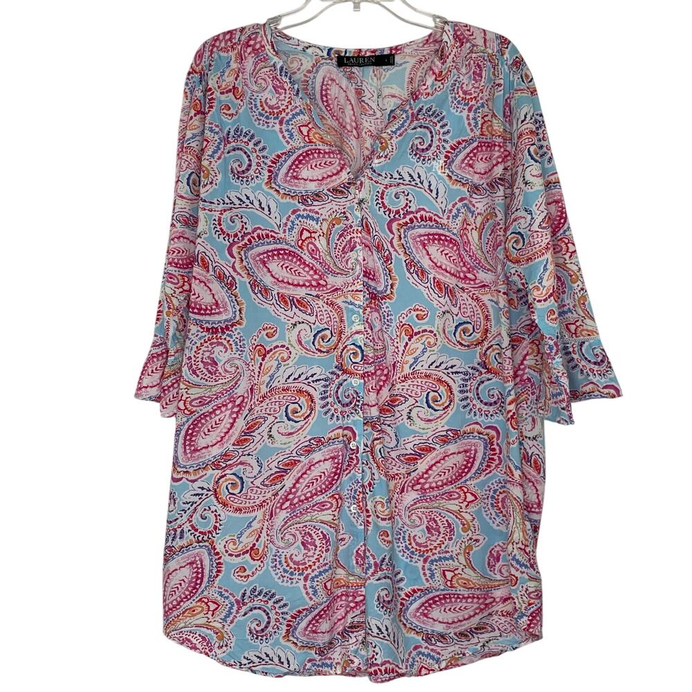 Lauren Ralph Lauren Colorful Paisley Button Down Blouse size Large
